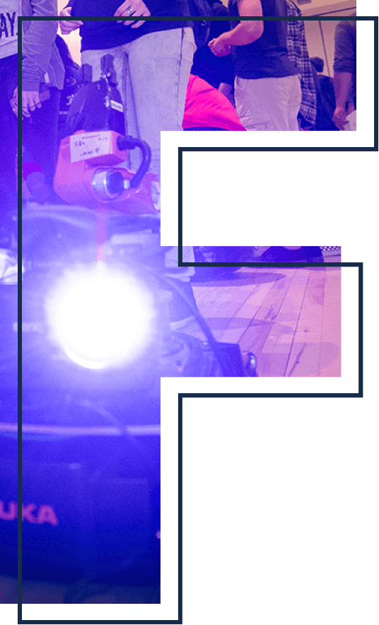 Letter "F" filled with photo of robot