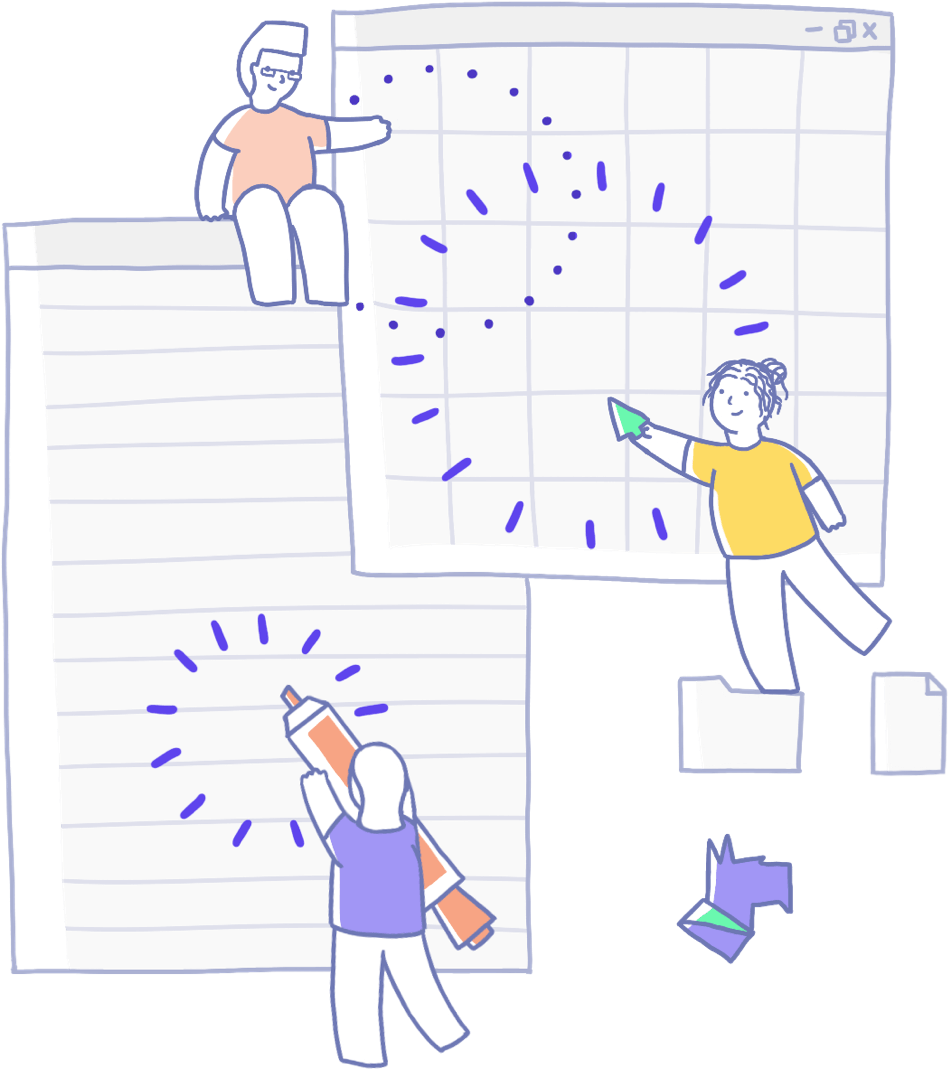 Illustration of three people writing on giant notepads